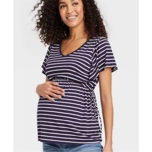 Isabel Maternity Navy And White Striped Ruched Side Tee